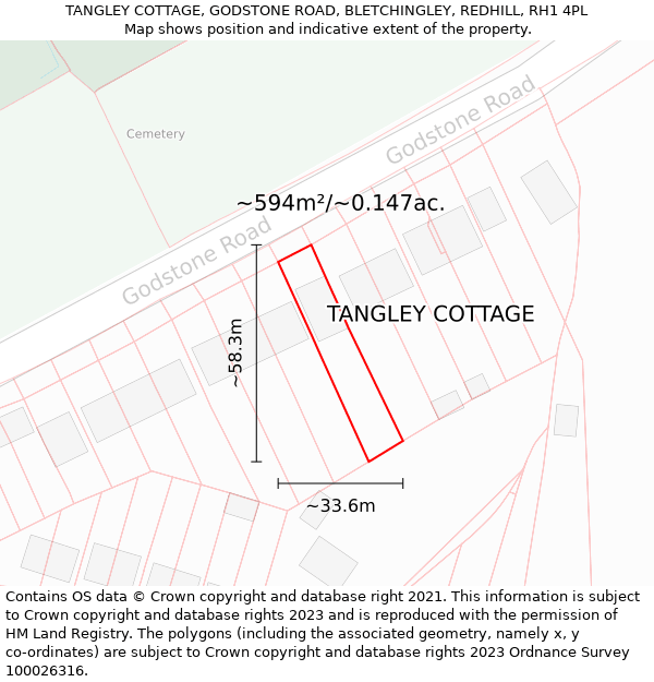 TANGLEY COTTAGE, GODSTONE ROAD, BLETCHINGLEY, REDHILL, RH1 4PL: Plot and title map
