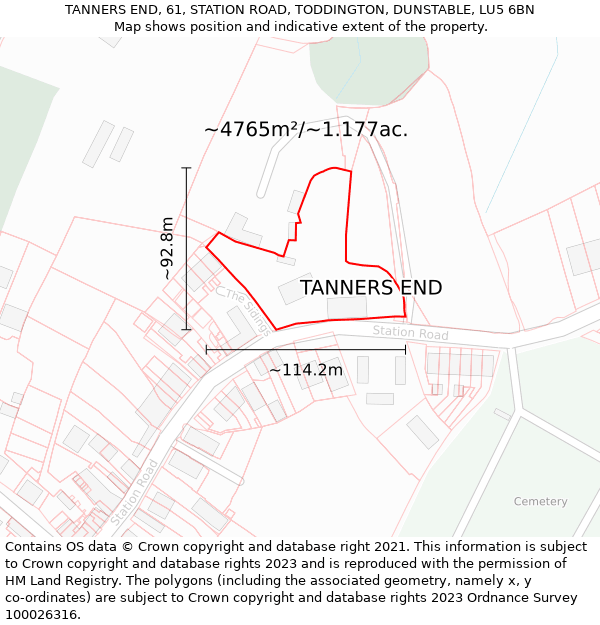 TANNERS END, 61, STATION ROAD, TODDINGTON, DUNSTABLE, LU5 6BN: Plot and title map