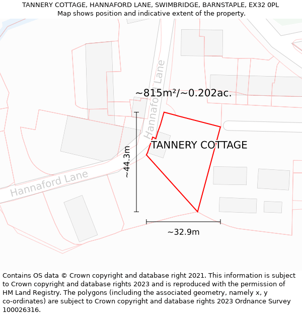 TANNERY COTTAGE, HANNAFORD LANE, SWIMBRIDGE, BARNSTAPLE, EX32 0PL: Plot and title map