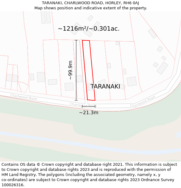 TARANAKI, CHARLWOOD ROAD, HORLEY, RH6 0AJ: Plot and title map