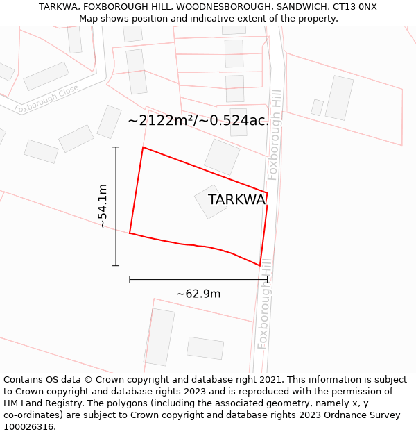 TARKWA, FOXBOROUGH HILL, WOODNESBOROUGH, SANDWICH, CT13 0NX: Plot and title map