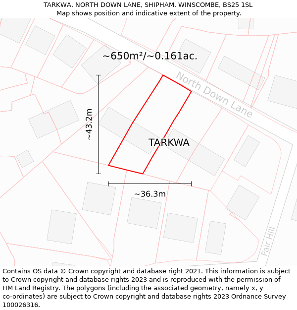 TARKWA, NORTH DOWN LANE, SHIPHAM, WINSCOMBE, BS25 1SL: Plot and title map