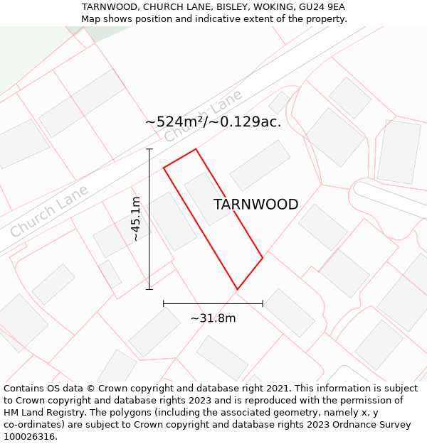 TARNWOOD, CHURCH LANE, BISLEY, WOKING, GU24 9EA: Plot and title map