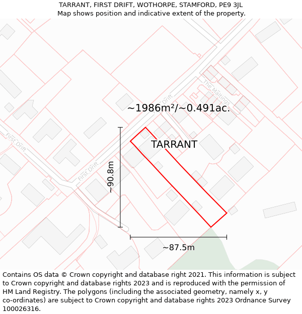 TARRANT, FIRST DRIFT, WOTHORPE, STAMFORD, PE9 3JL: Plot and title map