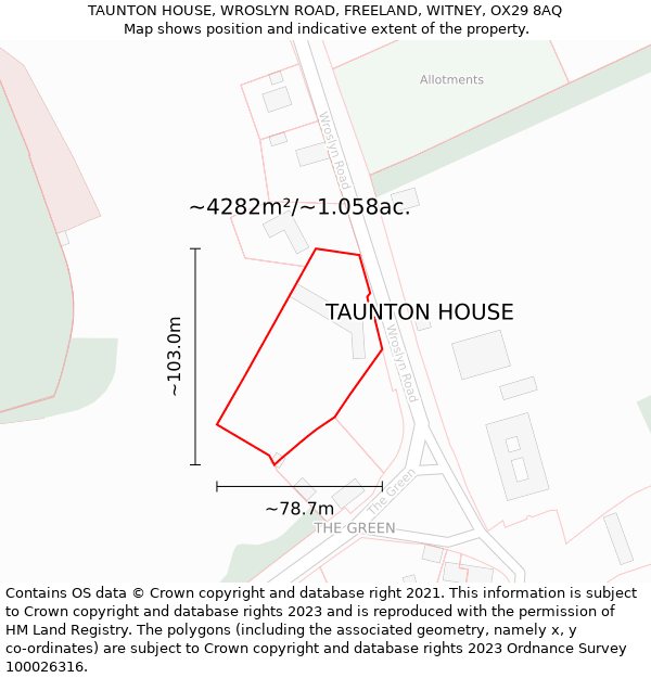 TAUNTON HOUSE, WROSLYN ROAD, FREELAND, WITNEY, OX29 8AQ: Plot and title map