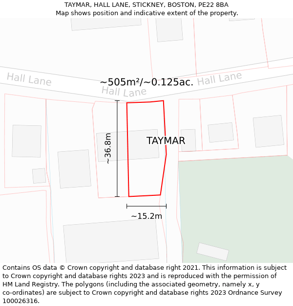 TAYMAR, HALL LANE, STICKNEY, BOSTON, PE22 8BA: Plot and title map