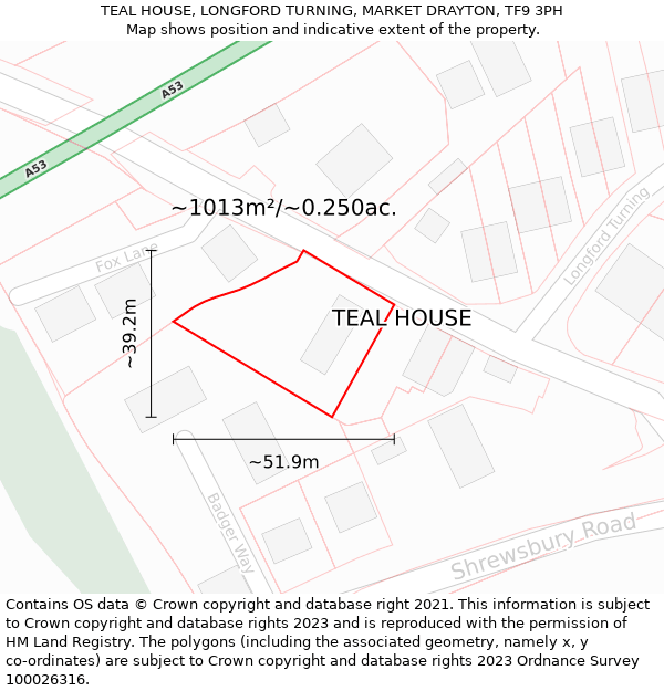 TEAL HOUSE, LONGFORD TURNING, MARKET DRAYTON, TF9 3PH: Plot and title map