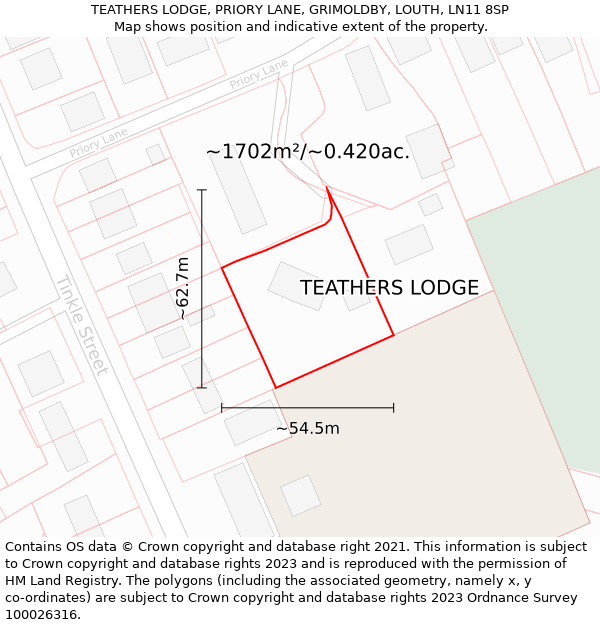 TEATHERS LODGE, PRIORY LANE, GRIMOLDBY, LOUTH, LN11 8SP: Plot and title map