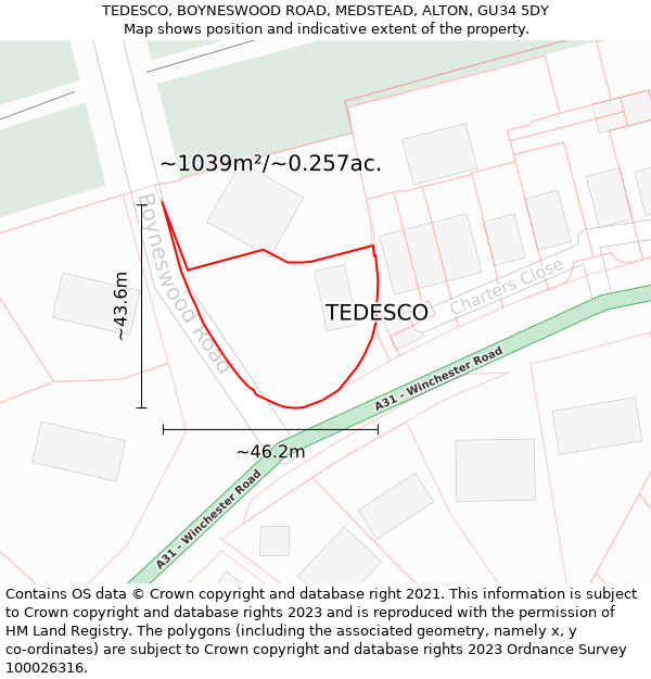 TEDESCO, BOYNESWOOD ROAD, MEDSTEAD, ALTON, GU34 5DY: Plot and title map