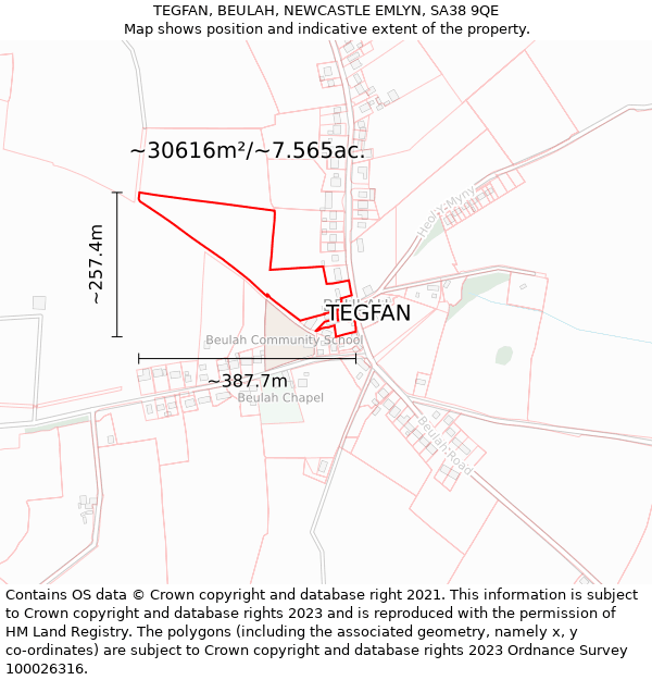 TEGFAN, BEULAH, NEWCASTLE EMLYN, SA38 9QE: Plot and title map