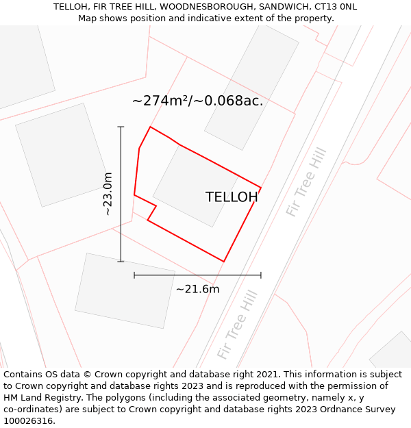 TELLOH, FIR TREE HILL, WOODNESBOROUGH, SANDWICH, CT13 0NL: Plot and title map