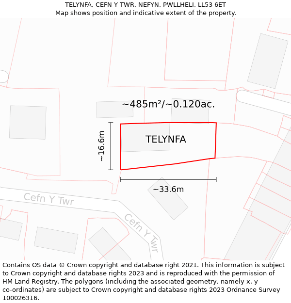 TELYNFA, CEFN Y TWR, NEFYN, PWLLHELI, LL53 6ET: Plot and title map