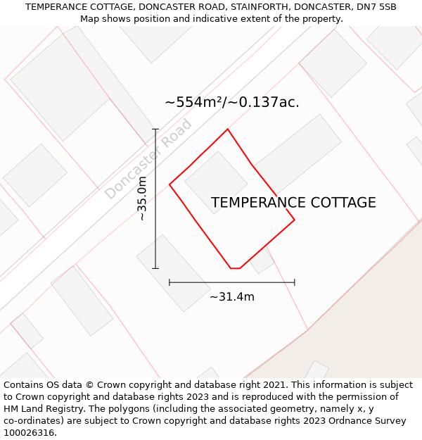 TEMPERANCE COTTAGE, DONCASTER ROAD, STAINFORTH, DONCASTER, DN7 5SB: Plot and title map
