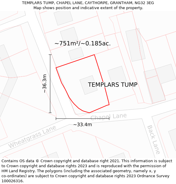 TEMPLARS TUMP, CHAPEL LANE, CAYTHORPE, GRANTHAM, NG32 3EG: Plot and title map