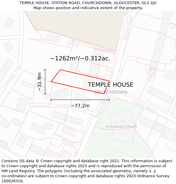 TEMPLE HOUSE, STATION ROAD, CHURCHDOWN, GLOUCESTER, GL3 2JU: Plot and title map