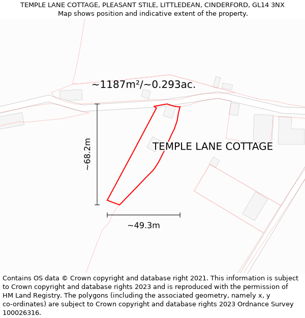 TEMPLE LANE COTTAGE, PLEASANT STILE, LITTLEDEAN, CINDERFORD, GL14 3NX: Plot and title map