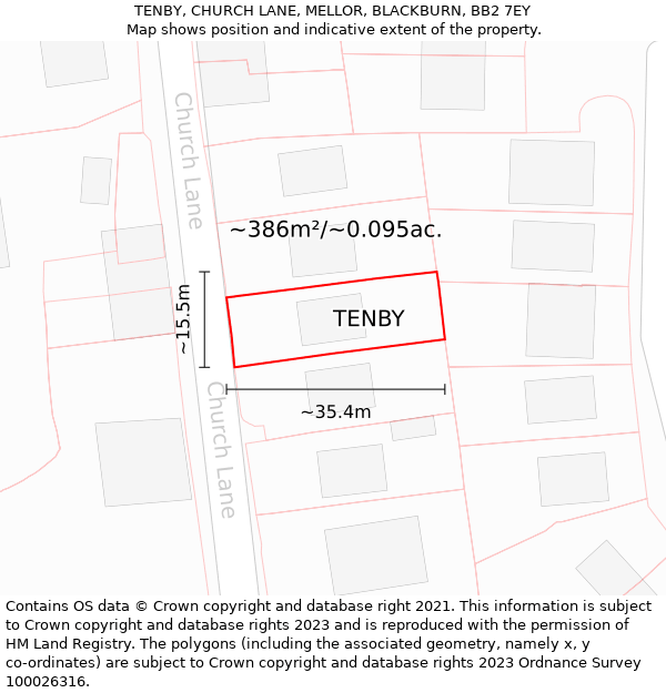 TENBY, CHURCH LANE, MELLOR, BLACKBURN, BB2 7EY: Plot and title map