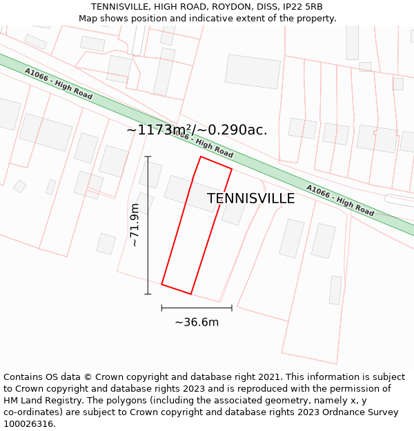 TENNISVILLE, HIGH ROAD, ROYDON, DISS, IP22 5RB: Plot and title map