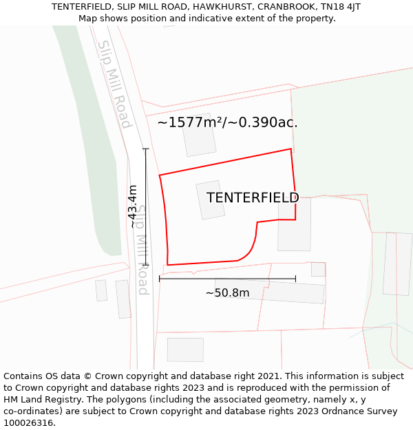 TENTERFIELD, SLIP MILL ROAD, HAWKHURST, CRANBROOK, TN18 4JT: Plot and title map