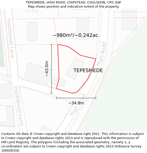 TEPESMEDE, HIGH ROAD, CHIPSTEAD, COULSDON, CR5 3QP: Plot and title map