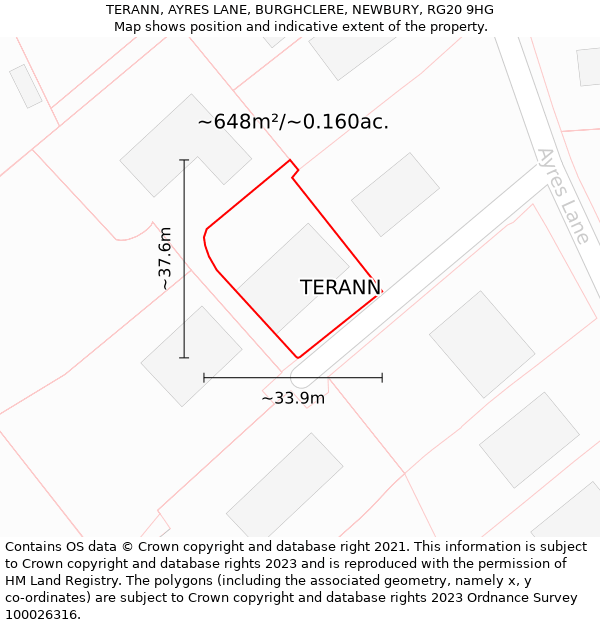 TERANN, AYRES LANE, BURGHCLERE, NEWBURY, RG20 9HG: Plot and title map