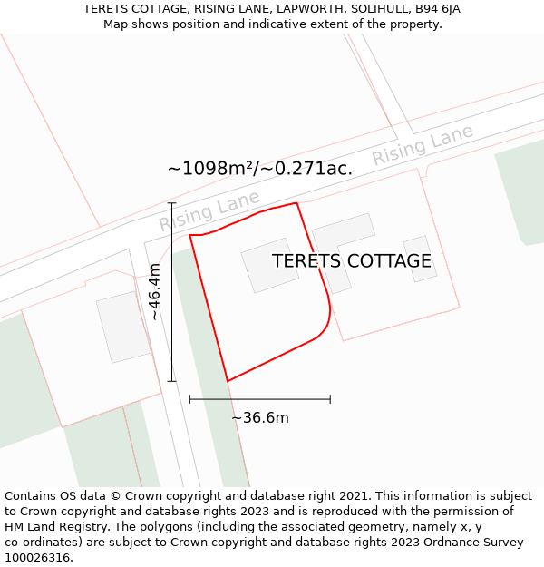 TERETS COTTAGE, RISING LANE, LAPWORTH, SOLIHULL, B94 6JA: Plot and title map