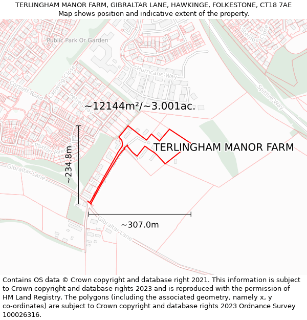 TERLINGHAM MANOR FARM, GIBRALTAR LANE, HAWKINGE, FOLKESTONE, CT18 7AE: Plot and title map