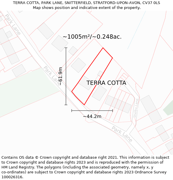 TERRA COTTA, PARK LANE, SNITTERFIELD, STRATFORD-UPON-AVON, CV37 0LS: Plot and title map