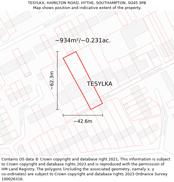 TESYLKA, HAMILTON ROAD, HYTHE, SOUTHAMPTON, SO45 3PB: Plot and title map