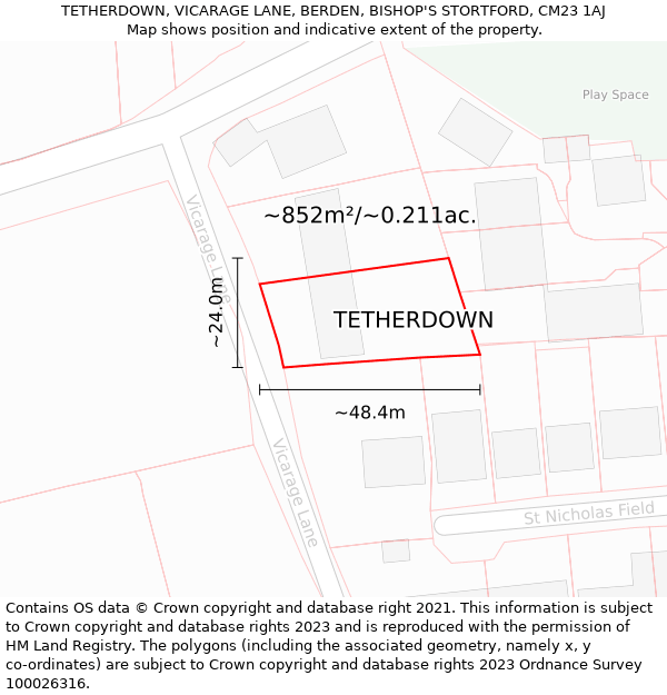 TETHERDOWN, VICARAGE LANE, BERDEN, BISHOP'S STORTFORD, CM23 1AJ: Plot and title map