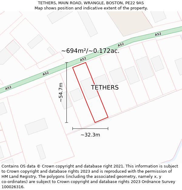 TETHERS, MAIN ROAD, WRANGLE, BOSTON, PE22 9AS: Plot and title map