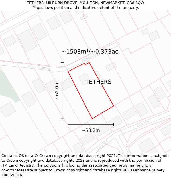 TETHERS, MILBURN DROVE, MOULTON, NEWMARKET, CB8 8QW: Plot and title map