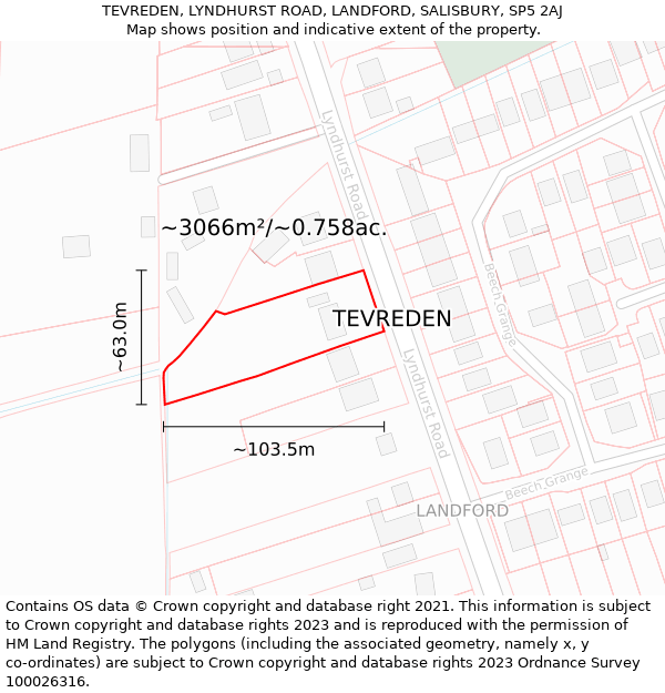 TEVREDEN, LYNDHURST ROAD, LANDFORD, SALISBURY, SP5 2AJ: Plot and title map