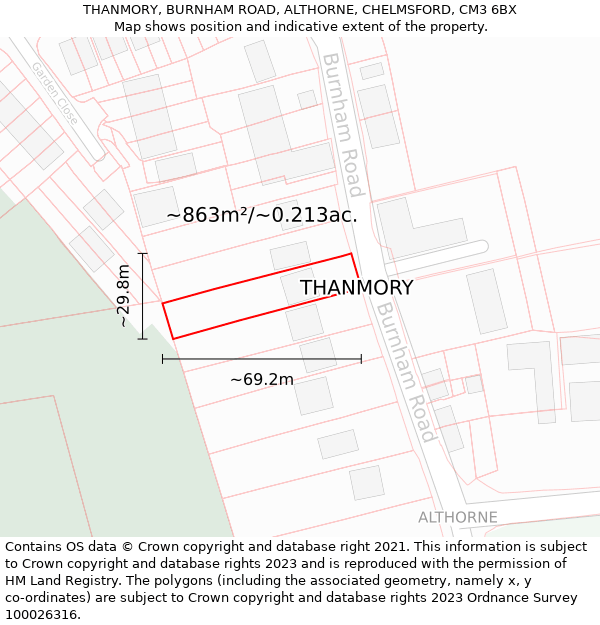 THANMORY, BURNHAM ROAD, ALTHORNE, CHELMSFORD, CM3 6BX: Plot and title map