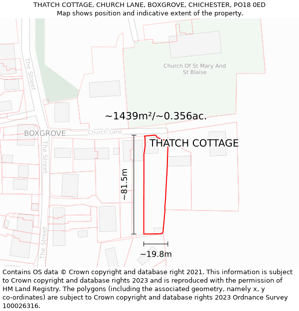 THATCH COTTAGE, CHURCH LANE, BOXGROVE, CHICHESTER, PO18 0ED: Plot and title map