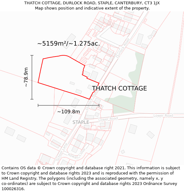 THATCH COTTAGE, DURLOCK ROAD, STAPLE, CANTERBURY, CT3 1JX: Plot and title map