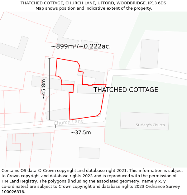 THATCHED COTTAGE, CHURCH LANE, UFFORD, WOODBRIDGE, IP13 6DS: Plot and title map