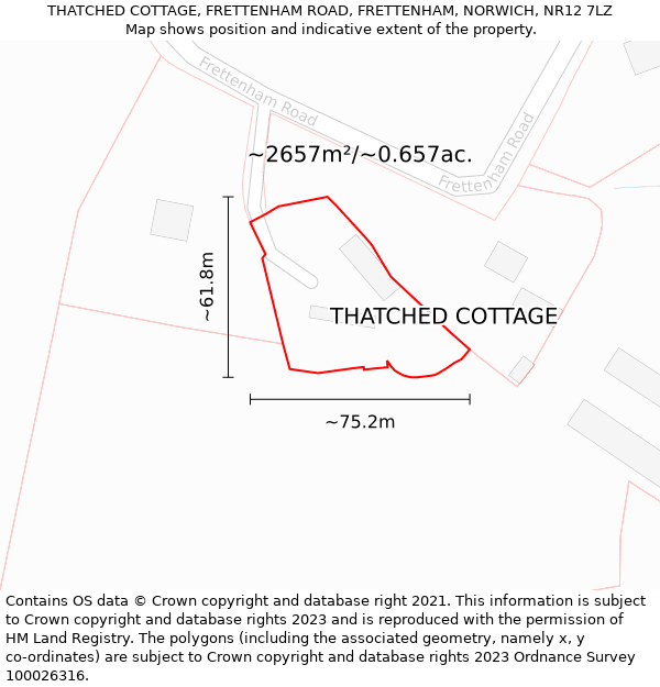 THATCHED COTTAGE, FRETTENHAM ROAD, FRETTENHAM, NORWICH, NR12 7LZ: Plot and title map