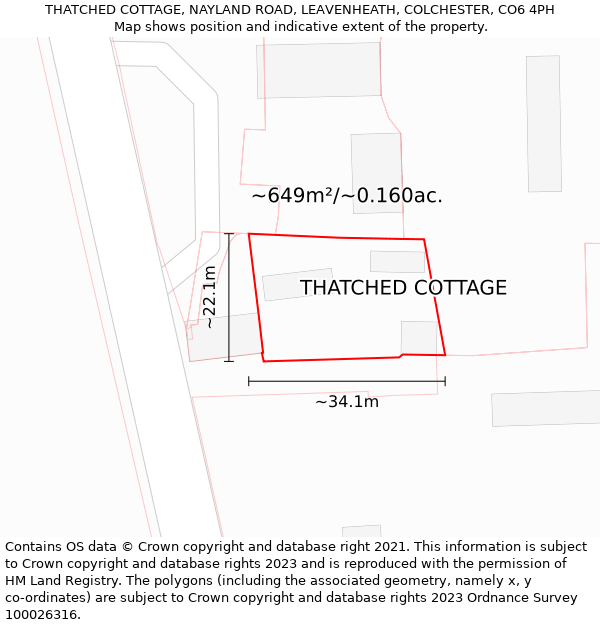 THATCHED COTTAGE, NAYLAND ROAD, LEAVENHEATH, COLCHESTER, CO6 4PH: Plot and title map