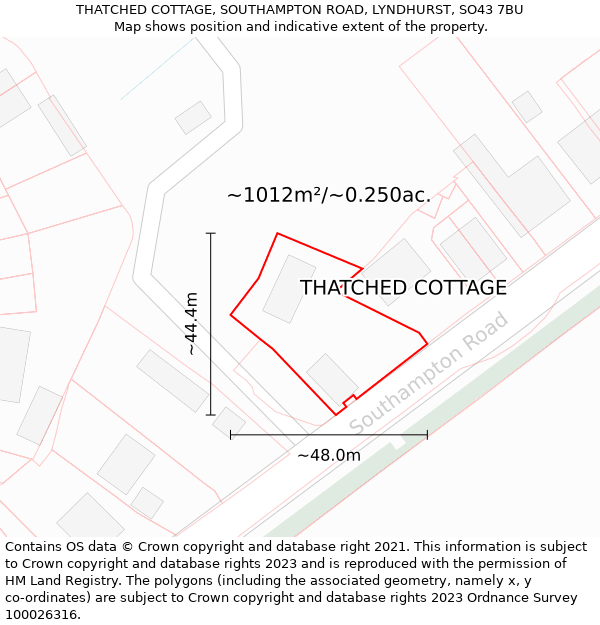 THATCHED COTTAGE, SOUTHAMPTON ROAD, LYNDHURST, SO43 7BU: Plot and title map