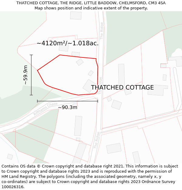 THATCHED COTTAGE, THE RIDGE, LITTLE BADDOW, CHELMSFORD, CM3 4SA: Plot and title map