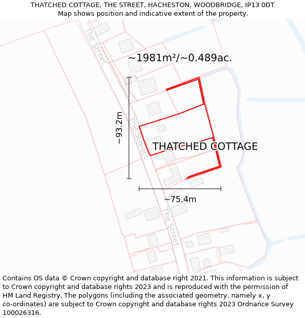 THATCHED COTTAGE, THE STREET, HACHESTON, WOODBRIDGE, IP13 0DT: Plot and title map