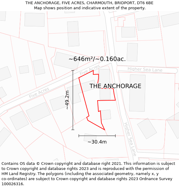 THE ANCHORAGE, FIVE ACRES, CHARMOUTH, BRIDPORT, DT6 6BE: Plot and title map