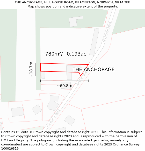 THE ANCHORAGE, HILL HOUSE ROAD, BRAMERTON, NORWICH, NR14 7EE: Plot and title map