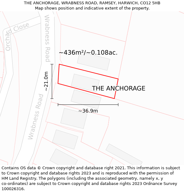 THE ANCHORAGE, WRABNESS ROAD, RAMSEY, HARWICH, CO12 5HB: Plot and title map