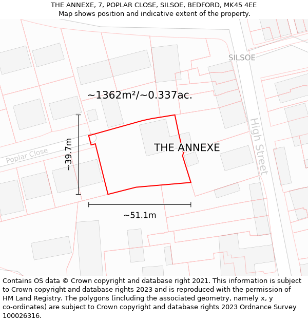 THE ANNEXE, 7, POPLAR CLOSE, SILSOE, BEDFORD, MK45 4EE: Plot and title map