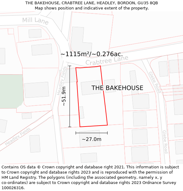 THE BAKEHOUSE, CRABTREE LANE, HEADLEY, BORDON, GU35 8QB: Plot and title map