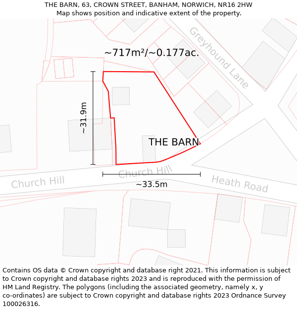 THE BARN, 63, CROWN STREET, BANHAM, NORWICH, NR16 2HW: Plot and title map