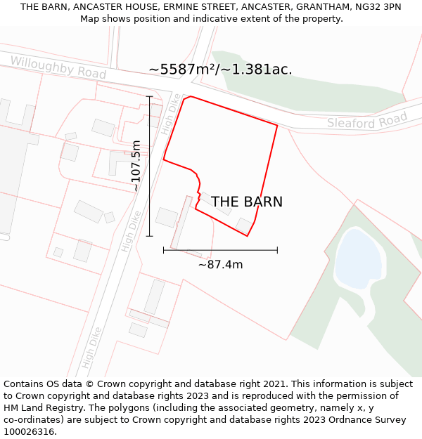 THE BARN, ANCASTER HOUSE, ERMINE STREET, ANCASTER, GRANTHAM, NG32 3PN: Plot and title map
