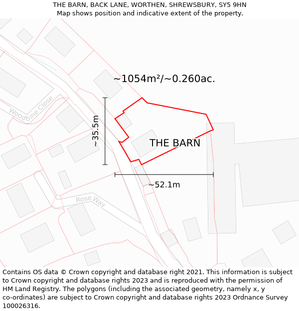 THE BARN, BACK LANE, WORTHEN, SHREWSBURY, SY5 9HN: Plot and title map